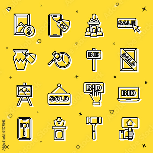 Set line Hand holding auction paddle, Online, Auction painting sold, auctioneer sells, hammer, ancient vase, and icon. Vector