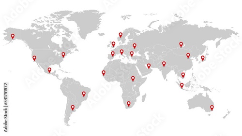 Animation of the world map with delivery points and routes. World map with travel routes and delivery of goods on all continents of the world. Motion design.