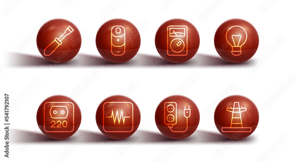 Set line Screwdriver, Electrical outlet, Creative lamp light idea, extension, Resistor in electronic circuit, Battery charge, tower line and Ampere meter, multimeter icon. Vector Set line Screwdriver, Electrical outlet, Creative lamp light idea, extension, Resistor in electronic circuit, Battery charge, tower line and Ampere meter, multimeter icon. Vector