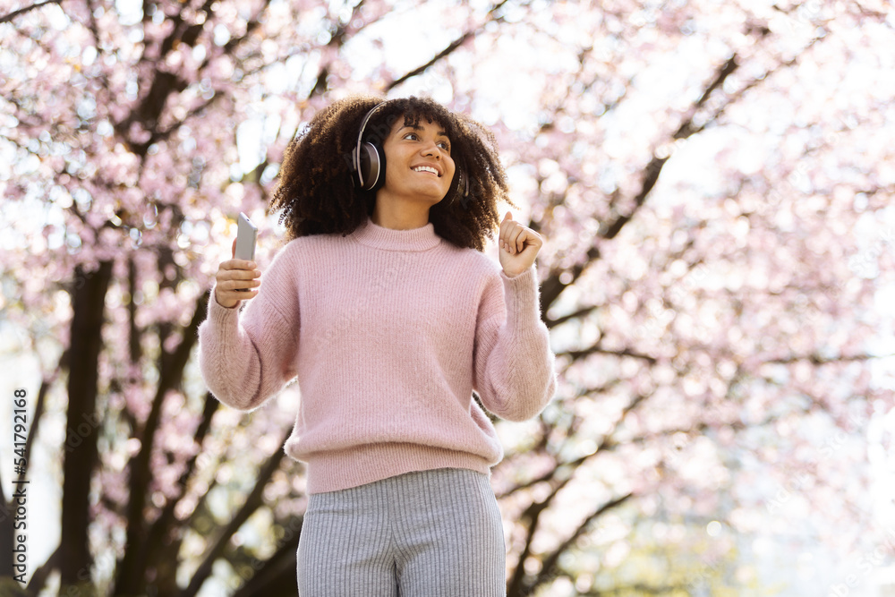 An african american woman in a pink sweatshirt with big curly hair standing in a park infront of a cherry blossom tree with headphones on and a smartphone in her hands. An african american woman in a pink sweatshirt with big curly hair standing in a park infront of a cherry blossom tree with headphones on and a smartphone in her hands.