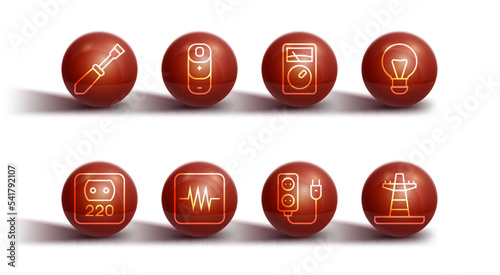 Set line Screwdriver, Electrical outlet, Creative lamp light idea, extension, Resistor in electronic circuit, Battery charge, tower line and Ampere meter, multimeter icon. Vector