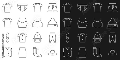 Set line Man hat, Pants, Beanie, T-shirt, Female crop top, Polo and icon. Vector