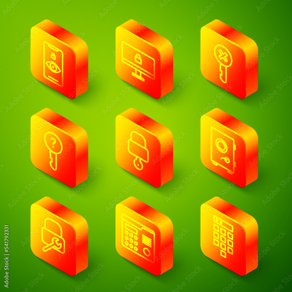 Set line Eye scan, Lock on computer monitor, Wrong key, Undefined, and, Safe, repair and House intercom system icon. Vector Set line Eye scan, Lock on computer monitor, Wrong key, Undefined, and, Safe, repair and House intercom system icon. Vector