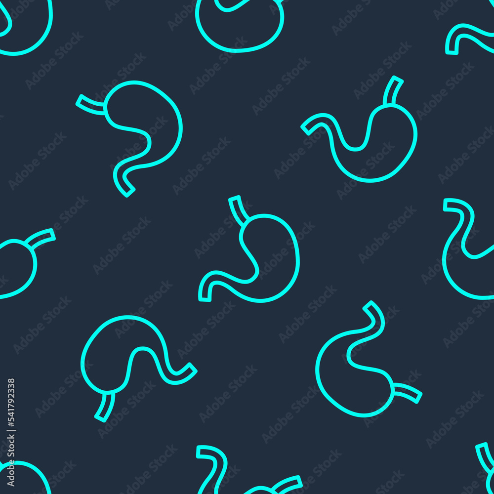 Fototapeta premium Green line Human stomach icon isolated seamless pattern on blue background. Vector