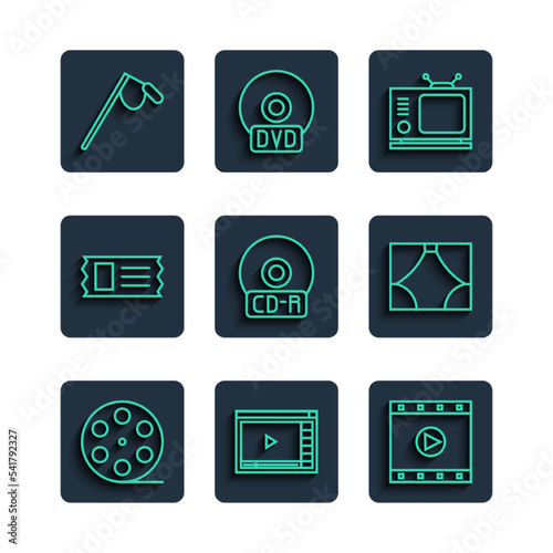 Set line Film reel, Online play video, Play Video, Retro tv, CD or DVD disk, Cinema ticket, Microphone and Curtain icon. Vector