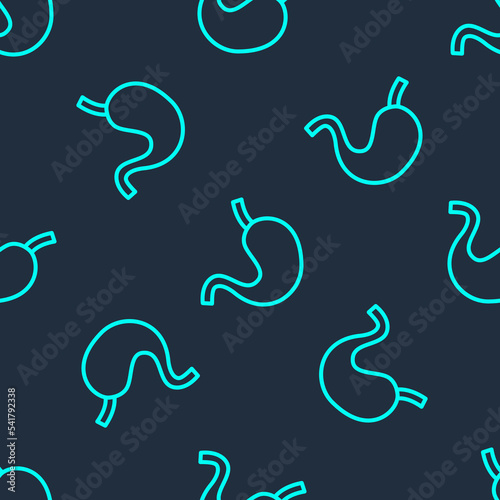 Green line Human stomach icon isolated seamless pattern on blue background. Vector