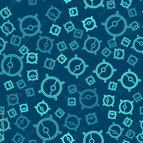 Green line Robot vacuum cleaner icon isolated seamless pattern on blue background. Home smart appliance for automatic vacuuming, digital device for house cleaning. Vector