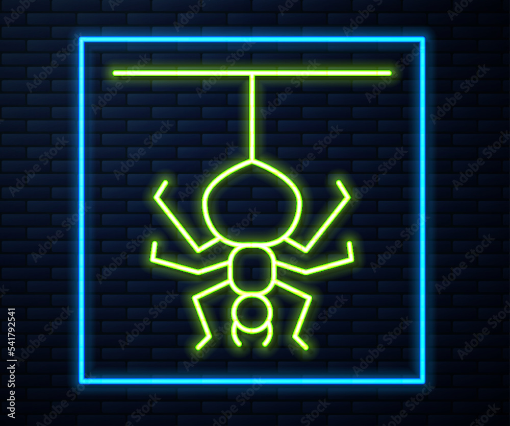 Glowing neon line Spider icon isolated on brick wall background. Happy Halloween party. Vector Glowing neon line Spider icon isolated on brick wall background. Happy Halloween party. Vector