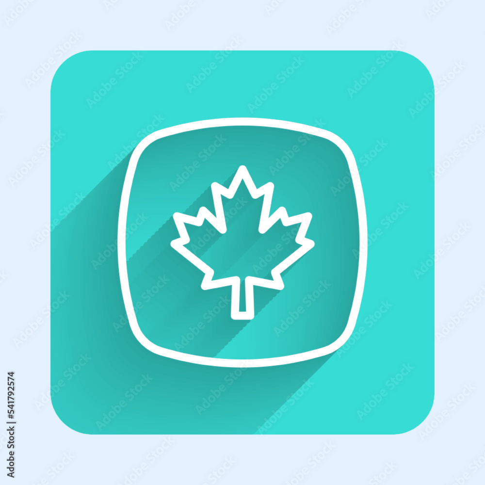 White line Canadian maple leaf icon isolated with long shadow background. Canada symbol maple leaf. Green square button. Vector White line Canadian maple leaf icon isolated with long shadow background. Canada symbol maple leaf. Green square button. Vector