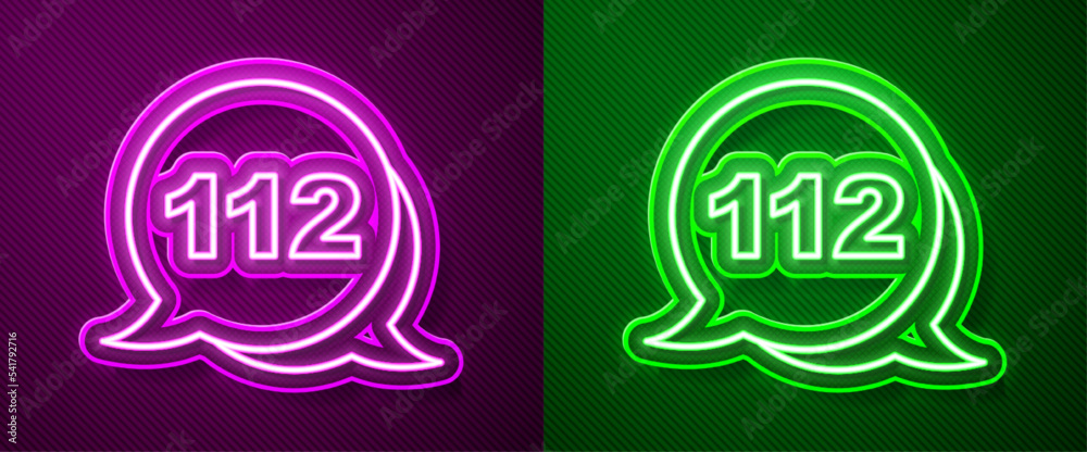 Glowing neon line Telephone with emergency call 911 icon isolated on purple and green background. Police, ambulance, fire department, call, phone. Vector