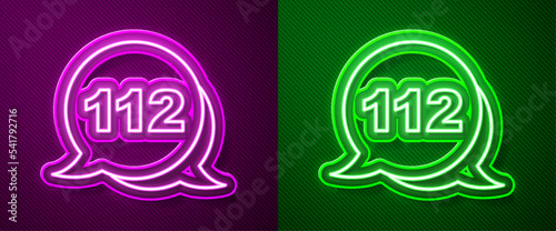 Glowing neon line Telephone with emergency call 911 icon isolated on purple and green background. Police, ambulance, fire department, call, phone. Vector