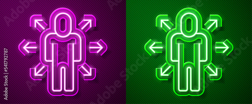 Glowing neon line Multitasking manager working icon isolated on purple and green background. Vector
