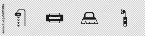 Set Shower, Blade razor, Brush for cleaning and Electric toothbrush icon. Vector