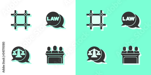 Set Jurors, Prison window, Scales of justice and Law icon. Vector