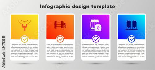Set Sausage on the fork, Wooden barrel, and Beer brewing process. Business infographic template. Vector