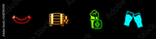 Set Sausage, Wooden barrel, Glass of beer and icon. Vector