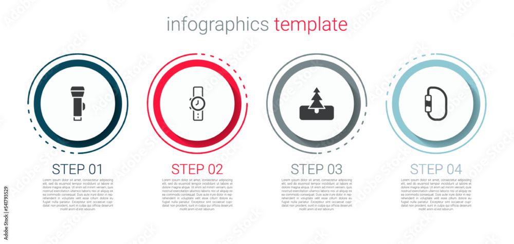 Set Flashlight, Wrist watch, Tree and Carabiner. Business infographic template. Vector Set Flashlight, Wrist watch, Tree and Carabiner. Business infographic template. Vector