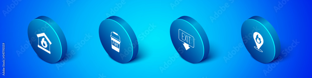 Set Isometric Fire in burning house, exit, Location with fire flame and bucket icon. Vector