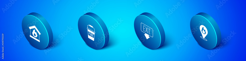 Set Isometric Fire in burning house, exit, Location with fire flame and bucket icon. Vector Set Isometric Fire in burning house, exit, Location with fire flame and bucket icon. Vector