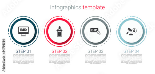 Set Online auction, Auction auctioneer sells, Bid and hammer price. Business infographic template. Vector