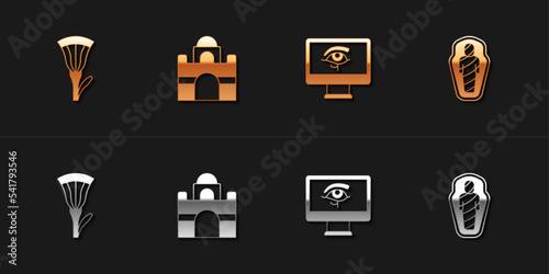 Set Egyptian lotus, house, Eye of Horus on monitor and mummy in sarcophagus icon. Vector