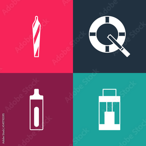 Set pop art Vape mod device, Electronic cigarette, Ashtray with and Marijuana joint, spliff icon. Vector