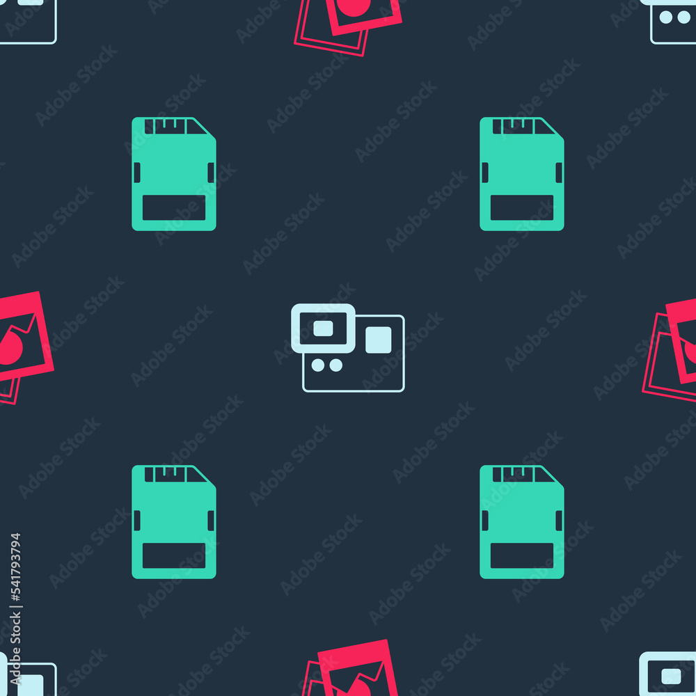 Set Photo frame, Action extreme camera and SD card on seamless pattern. Vector Set Photo frame, Action extreme camera and SD card on seamless pattern. Vector