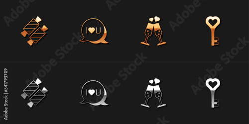 Set Candy, Speech bubble text I love you, Glass of champagne and Key in heart shape icon. Vector