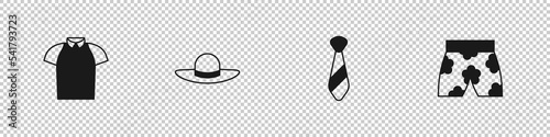 Set Polo shirt, Elegant women hat, Tie and Swimming trunks icon. Vector