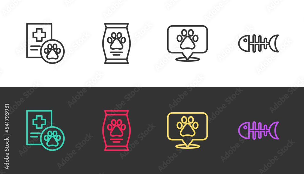 Set line Clinical record pet, Bag of food, Location veterinary and Fish skeleton on black and white. Vector Set line Clinical record pet, Bag of food, Location veterinary and Fish skeleton on black and white. Vector