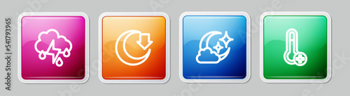 Set line Cloud with rain and lightning, Moon, moon and Meteorology thermometer. Colorful square button. Vector