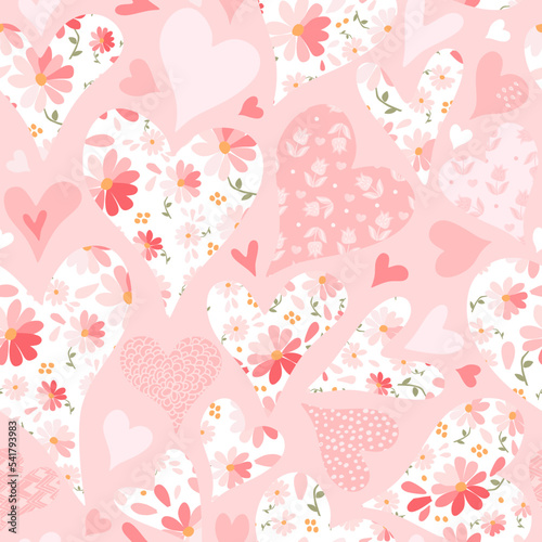 Cute seamless pattern with hearts with flowers for Valentines day.