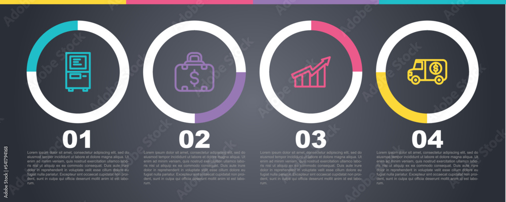 Set line ATM, Briefcase and money, Financial growth increase and Armored truck. Business infographic template. Vector Set line ATM, Briefcase and money, Financial growth increase and Armored truck. Business infographic template. Vector