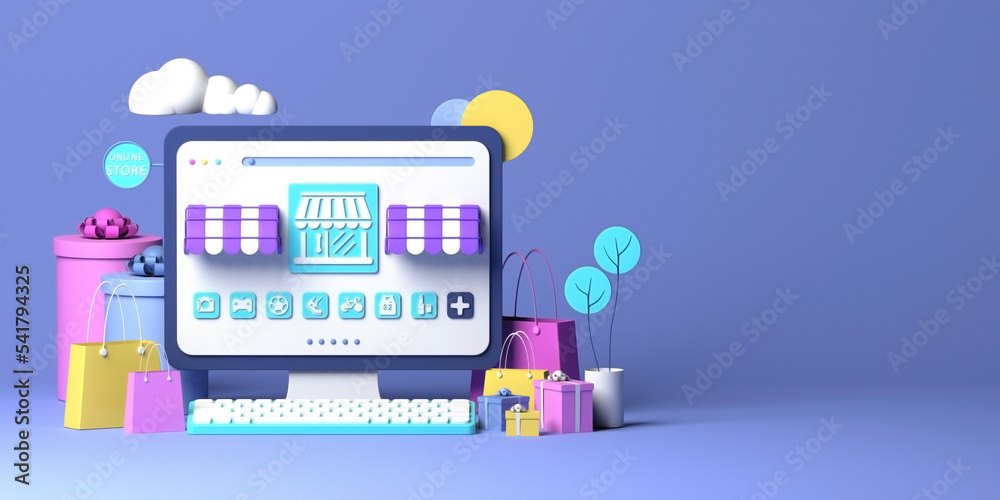 Online shopping store concept  with 3d shopping  bags and gift boxes