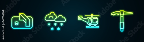 Set line Ice hockey goal, Cloud with snow, Rescue helicopter and axe. Glowing neon icon. Vector