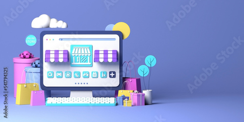 Online shopping store concept with 3d shopping bags and gift boxes