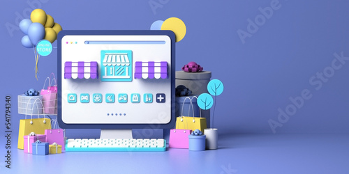 Online shopping store concept with 3d shopping bags and gift boxes