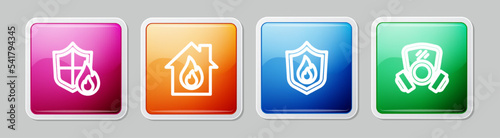 Set line Fire protection shield, in burning house, and Gas mask. Colorful square button. Vector