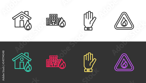 Set line Fire in burning house, buildings, Firefighter gloves and flame triangle on black and white. Vector