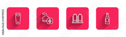 Set line Bottle opener, Beer brewing process, and bottle with long shadow. Red square button. Vector