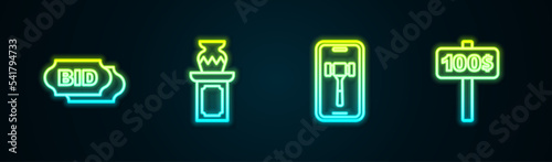 Set line Bid, Auction ancient vase, Online auction and Hand holding paddle. Glowing neon icon. Vector