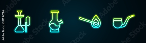 Set line Hookah, Bong, Burning match with fire and No pipe smoking. Glowing neon icon. Vector