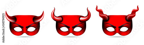 Set of Carnival red devil masks with different kind of horns.