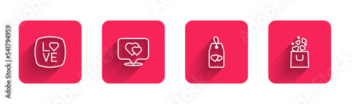 Set line Love text, Location with heart, Please do not disturb and Shopping bag with long shadow. Red square button. Vector