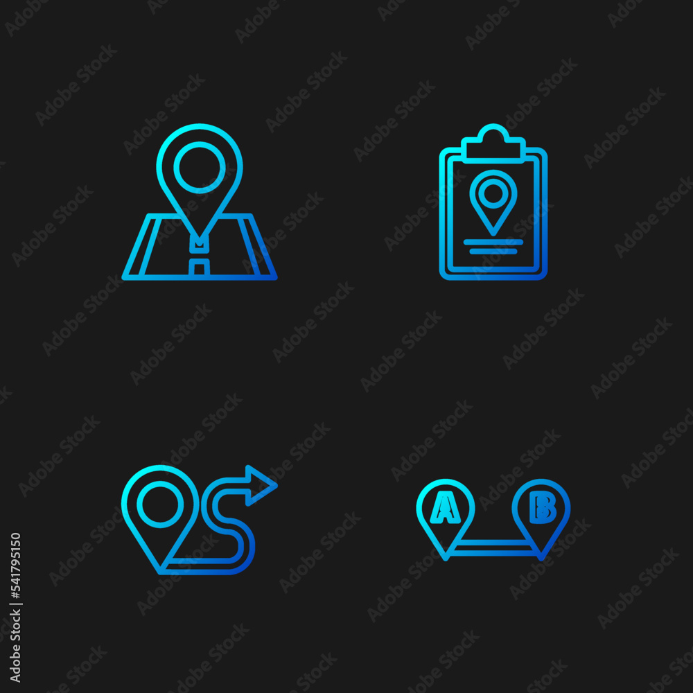 Set line Route location, , Location and Folded map with marker. Gradient color icons. Vector Set line Route location, , Location and Folded map with marker. Gradient color icons. Vector