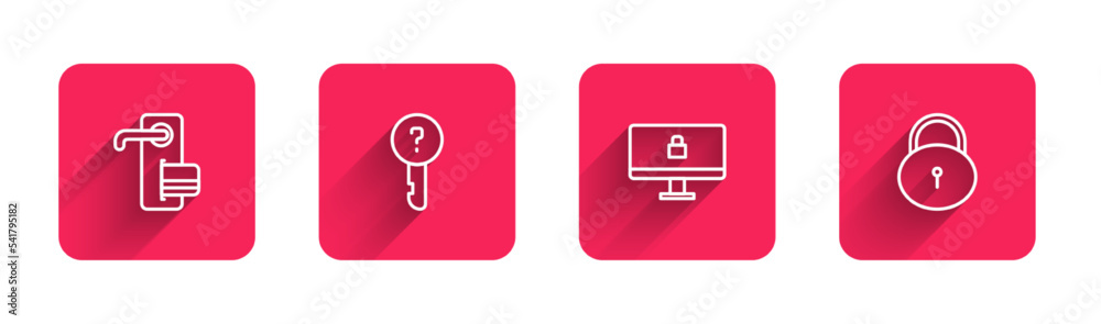 Set line Digital door lock, Undefined key, Lock on computer monitor and with long shadow. Red square button. Vector Set line Digital door lock, Undefined key, Lock on computer monitor and with long shadow. Red square button. Vector