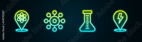 Set line Atom, Virus, Test tube and Lightning bolt. Glowing neon icon. Vector