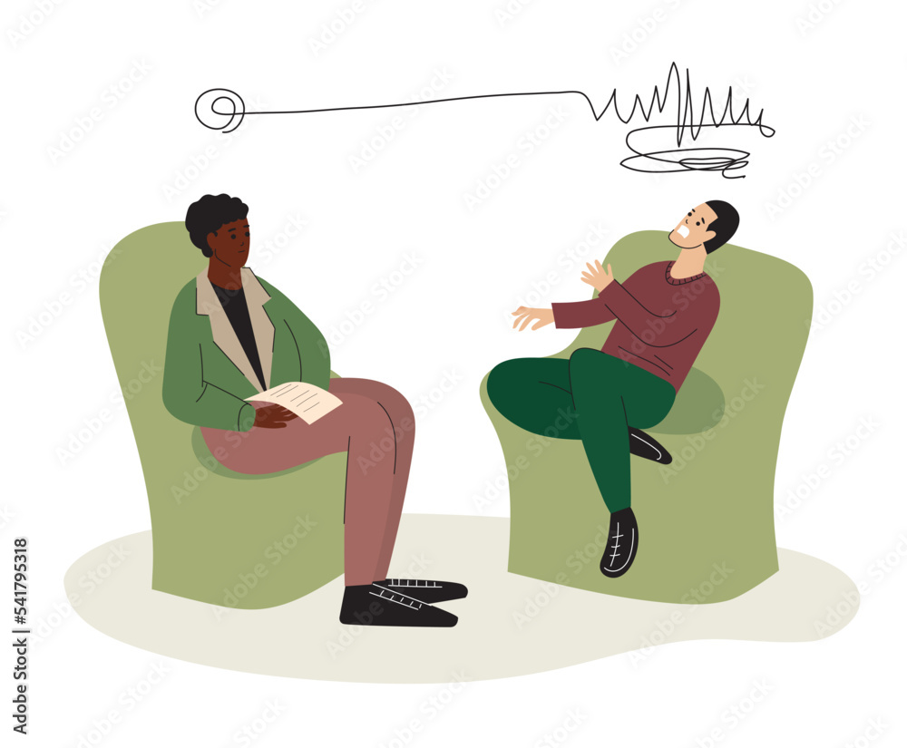 Psychotherapy consultation. Friendly African American psychologist having session with male customer. Man emotionally talking about his problem with a psychologist. Psychological therapy - obrazy, fototapety, plakaty 