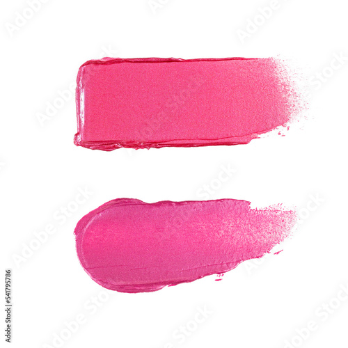 Bright pink lipstick or lip gloss with shimmer color swatch smooth smear set. Cosmetics smudge samples for make up product design.