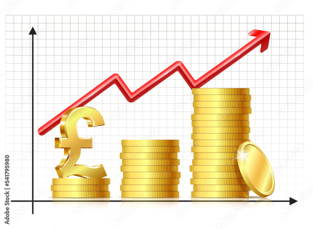 Growing money concept. Pounds sign with chart, rising arrow and coins. Growing money concept. Pounds sign with chart, rising arrow and coins.